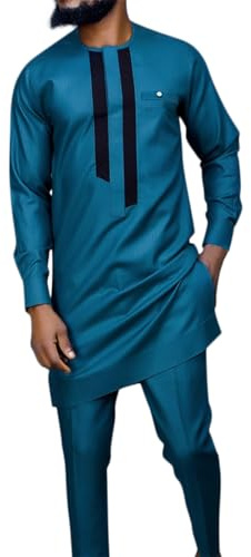 Caxndycing Men's 2 Piece Set Ethnic Dashiki Suit African Clothing Traditional Tunic Shirt and Trousers Ethnic Dashiki Suit African Clothing, blue, XXXXL