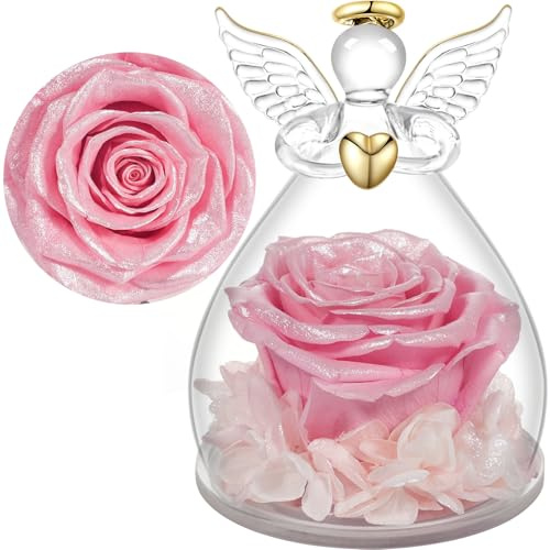 Yamonic Ewige Rose Engel Geschenke für Frauen, Ewige Rose im Glas Geschenke für Mama,Engel Figur Geburtstagsgeschenke für Frauen,Oma Geschenk,Echte Rose Schutzengel Weihnachten Muttertagsgeschenk