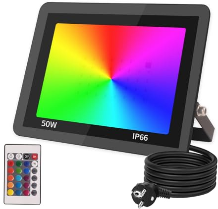JBdusn RGB LED Strahler 50W Fluter Außen Mit Fernbedienung, Flutlichtstrahler 16 Farben 4 Modi Farbwechsel Flutlicht LED Innen, IP66 Wasserdicht Außenstrahler Scheinwerfer Garten Stimmungslichter