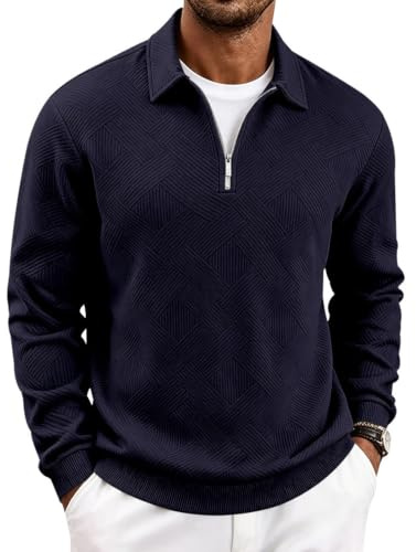 MakingDa Men's Knitted Polo Shirt Long Sleeve Retro Jacquard Smart Casual Zip-up Neck Knitwear Top
