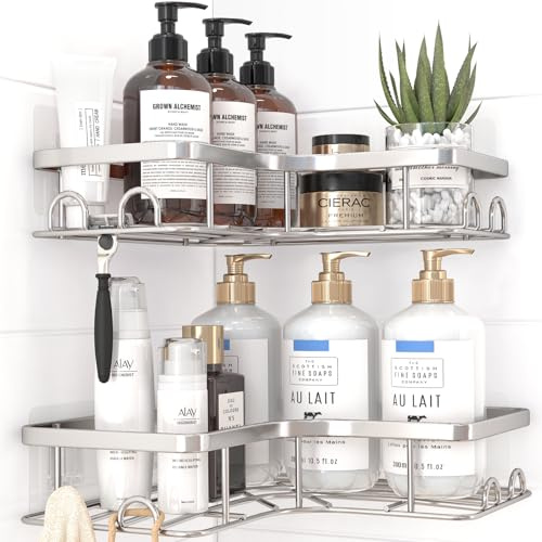 Kitsure Corner Shower Caddy, Rustproof Adhesive Shelf, Large, Silver | 2 Pack Corner Shower Shelves with 4 Hooks, Drill-Free Adhesive Mount, Large Capacity Bathroom Storage, Quick Drain & Durable