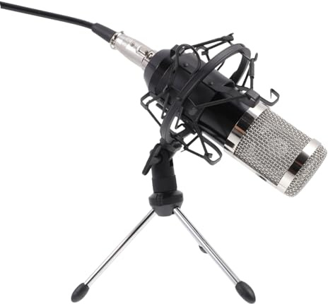 SHOWERORO Wired 3.5mm Condenser Microphone Kit with 48v Phantom Power, Black Silver Mesh Head Studio Mic Set for Meeting Recording and Ktv Use