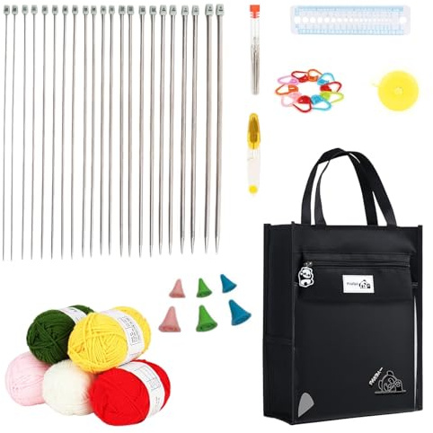 Eidoct Kit per lavoro a maglia per principianti, kit per lavori a maglia per adulti, set professionale per maglieria con 11 paia di ferri da maglia in metallo lunghi 35 cm, 5 gomitoli di filo,