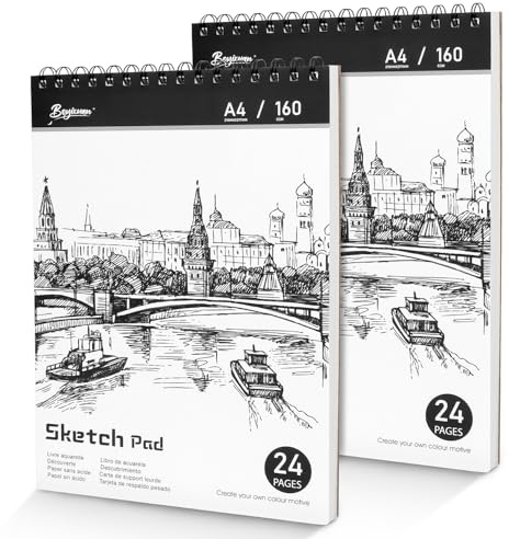 OWill Sketch Pad, 2 Packs A4 Sketch Book 160 g/m² Thick Paper, 48 Pages / 24 Sheets Spiral Bound Sketchbook 2 Packs