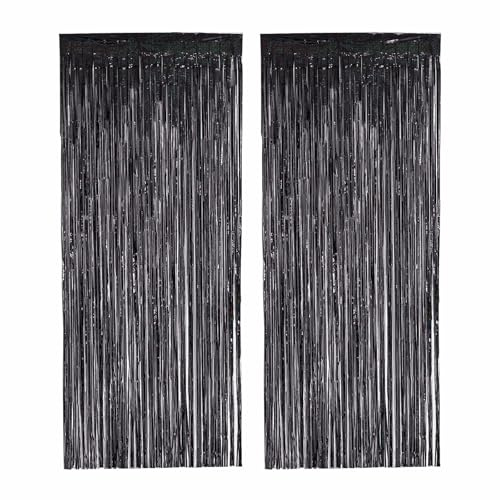 PHENO FLAGS 2 Stück Schwarzer Lametta Vorhang, 1x2,5m - Glitzernde Silvester-Deko im dunklem Metallic-Look, Lametta Girlande für Ihre Halloween-Party