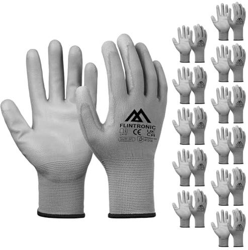 flintronic Gants de Travail 12 Paires, Gants en Nylon résistant à l'abrasion, Revêtement en PU, Polyvalent Gants de Jardinage, Pour Mecanique Industrielle Logistique Assemblage - Gris Taille 9/L