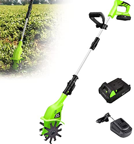 Motobineuse électrique de jardin réglable, mini motoculteur manuel, profondeur de travail du sol 25 cm et largeur 10 cm, motoculteur terrestre à batterie pour le désherbage, ameublit le sol