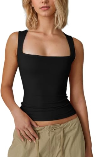 EMOTTOS Femmes Débardeurs Sexy à Col Carré, Slim Fit Y2K Haut Spaghetti Tank Tops, Classique sans Manches Crop Top, Camisole Top pour Sortir Boîte de Nuit Fête, Noir, S-XL