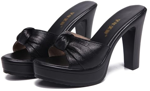 PTNOKA Women's Fish Mouth Platform Chunky High Heel Mule Sandals Comfortable Lightweight Slip On Open Toe Wedge Slide Sandals Fashion Dress Sandals for Formal Evening Party Wedding (Black,6)