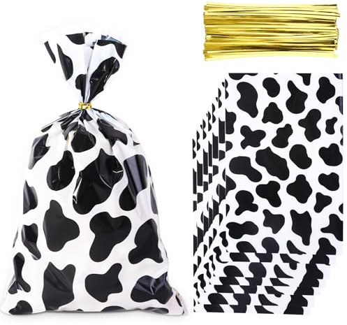 Zi Lan 50 Stück Cellophan-Geschenktüten mit Kuhmotiv, schwarze Geschenktüten für Kuh-Partygeschenke, Süßigkeitentüten für Geburtstagsdekorationen, inklusive 50 Stück goldener Verschlussbänder