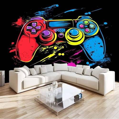 Art Papel Tapiz Fotográfico Controlador juego con garabatos coloridos Papel Pintado no Tejido 250x175 cm Lana Decoración De Pared Sala Cuarto Póster Mural para Sala de estar Dormitorio Infantil