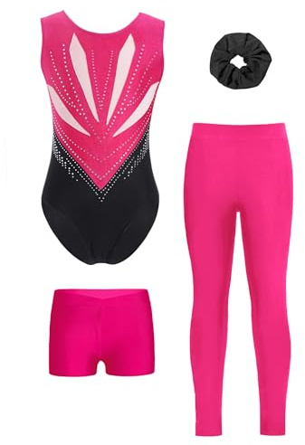 Riismen 3 Pcs Justaucorps De Gymnastique Enfant Fille Leotard Bandeau Short Legging Rose vif 7-8 ans