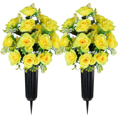 LaLamona Artificial Cemetery Flowers Graveyard Decoration, Set of 2 Artificial Rose Bouquet with Vase, Memorial Artificial Flowers for Cemetery Headstones Decoration, Yellow