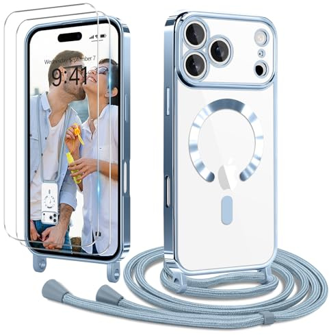 Ethanger für iPhone 17 Pro Hülle mit Band + 2 Schutzfolie, Blau | Handyband Transparent Silikon Handyhülle, Magnetische Schutzhülle Case zum Umhängen Kordel