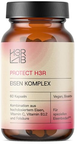 H3R LAB Eisen Komplex – Kapseln mit Vitamin C, Vitamin B12 & Folsäure | vegan, ohne Zusatzstoffe | hoch bioverfügbar · Eisen Supplement (60 Kapseln)