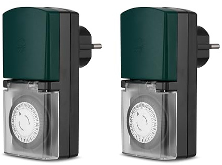REV-GA SPARSET 2X Zeitschaltuhr mechanisch für Steckdose innen und außen, 24h Timer mit 48 Schaltzeiten, 16A 3680W, erhöhter Berührungsschutz, IP44, dunkelgrün