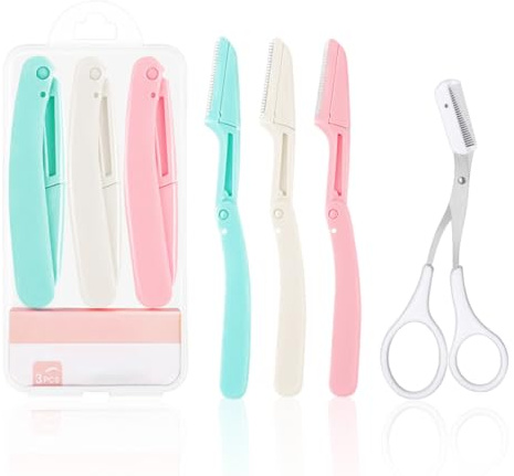 Kit de 3 Rasoirs Visage Pliants et 1 Ciseau à Sourcils avec Pochette, pour Dermaplaning, Épilation des Sourcils et du Duvet du Visage