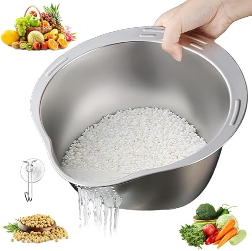 Ristvättskål, 304 rostfritt stål risil med hällpip, livsmedelssäker ristvätt för att droppa och tvätta ris frukt grönsaker Quinoa och pasta