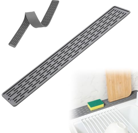 Ultra-Thin Silicone Drainage Mat, Narrow Kitchen Sink Splash Guard Draining Mat, Around Tap Extended Drainer Mat, Anti-Slip Drainage Mat for Kitchen Bathroom (Grey)
