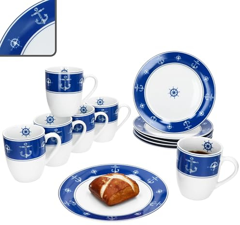 MamboCat Ahoi Service de petit-déjeuner 12 pièces en porcelaine I Design marin bleu et blanc avec ancre et volant I 6 assiettes à gâteau et tasses à café pour 6 personnes | Petit déjeuner et café