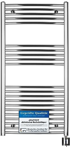 anapont elektrischer Badheizkörper - Chrom gebogen - Timer-Funktion - Handtuchheizkörper - Badheizung elektrisch - Handtuchheizung - Made in Germany (KTX-4, 1175h x 500b)