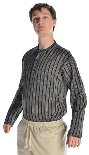 HEMAD Chemise Grandad pour Homme - Népalais Kurta - Coton Léger – XXXL Rayé Noir et Blanc