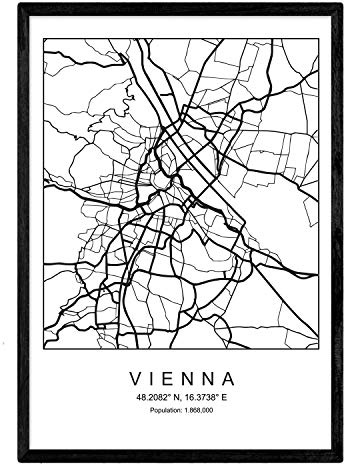 Blade Wien stadskarta nordisk stil svart och vit. Affisch A4 tryckt papper nr 250 g målningar, tryck och affischer för vardagsrum och sovrum