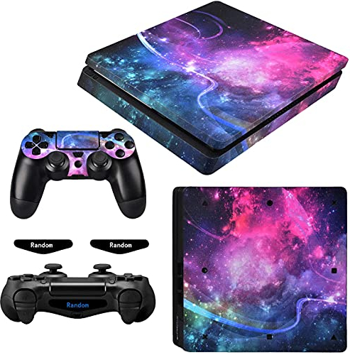 eXtremeRate Aufkleber für PS4 Slim,Skin Sticker Decal Folie Faceplates Kleberfolie mit Konsole & Controller und 2 Lightbar Sticker-Leuchtende Galaxie