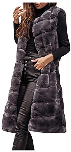 FNKDOR Femme Gilet Veste d’Hiver Chaud sans Manches Long Duveteux Fourrure Artificielle Manteau Hoodie Outwear en Fausse Fourrure Gilet (Gris,L)