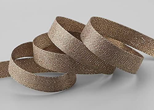 20 m x 15 mm Webband FISCHGRÄT GOLD Taupe Beige Dekoband Schleifenband Geschenkband Lurex doppelseitiges Stoffband fest formstabil Glanz ohne Draht Dekoration Basteln elegant stilvoll