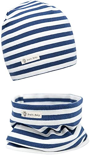 Areti Baby stickad mössa + Loop halsduk set, bomullsmössa mjuk barn beanie mössa halsvärmare halsband halsduk höst vinter småbarn hatt och krage halsdukar, Blå ränder, 3-6 Jahre