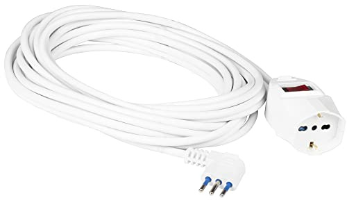 POLY POOL - PP2637 Prolunga Elettrica con Cavo Elettrico Bianco Estensibile 10 Metri - Spina 10A Salvaspazio e Presa Grande Schuko 10A/16A 2P+T Pluristandard - Prolunga con Interruttore di Sicurezza | Spina 10A, Presa Pluristandard, Con Interruttore