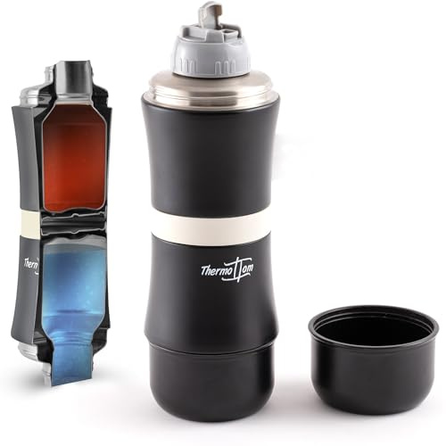 ThermoTom® 2in1 Thermosflasche 2×500ml – Doppelkammer Isolierflasche heiß & kalt | Breite Öffnung (5 cm) für Suppe, Snacks & Getränke | Edelstahl, 2 Becher, ideal für Outdoor & Arbeit