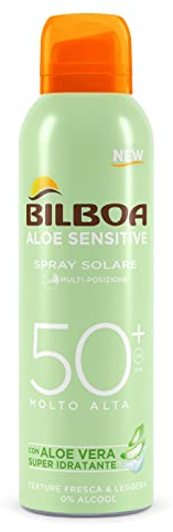 Bilboa, Sonnenschutz Körper Sensitive BOV SPF50+, Spray für empfindliche Haut, Formel mit Aloe Vera, schützt und spendet Feuchtigkeit, ohne Alkohol, wasserfest, 150 ml