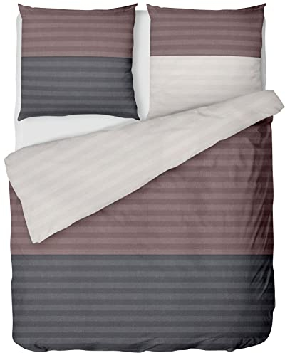 LINKHOFF Biber Bettwäsche 135x200 Baumwolle 2tlg | Kuschelige Biberbettwäsche Grau Beige | Winter Bettwäsche Beige Gestreift | Bettbezug + Kissenbezug