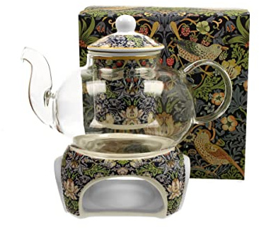 DUO ART GALLERY Teekanne 1000 ml STRAWBERRY THIEF BLUE mit Stövchen, Glas - New Bone China Porzellan