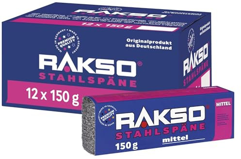 RAKSO Stahlspäne mittel - 1,8 kg, 12 Banderolen à 150g, Entfernung von Beizschlamm, Reinigung von Metall, Stein, ideales Dämm-, Filtermaterial