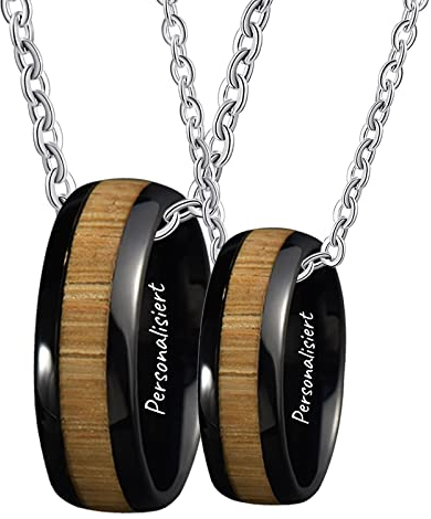 KnSam Edelstahl Pärchen Kette mit Gravur Ringe Anhänger, 2 Stück Paar Halskette mit Gravur Holz, Schwarz für Damen Herren (Breite 8MM, Länge 60cm/ 50cm, Damen 54 Herren 62)