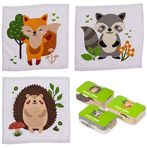 damaloo 3X Toalla Mágica para Niños con Animales del Bosque – Magic Towel 30x30 – Set Bosque: Zorro, Erizo, Mapache – Mini Toallitas de Regalo
