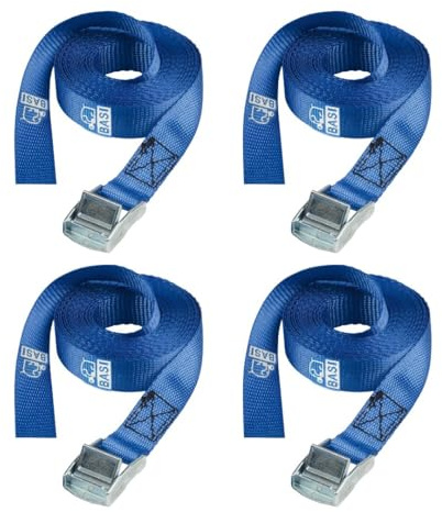BASI | 4er Set Spanngurte mit Klemmschloss | bis 100 KG belastbar | Zurrgurte in blau | Länge 250 cm x Breite 2,5 cm | Befestigungsriemen | TÜV geprüft | Expander mit Schnappverschluss | 4 Stück