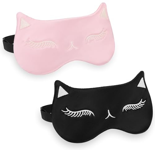 Mabor 2 st sovögonmask svart rosa justerbar resa katt ögonmasker för att sova söt sovmask mjuk elastisk mörkläggning ögonmask för kvinnor tonåringar män ögonskydd för sömn