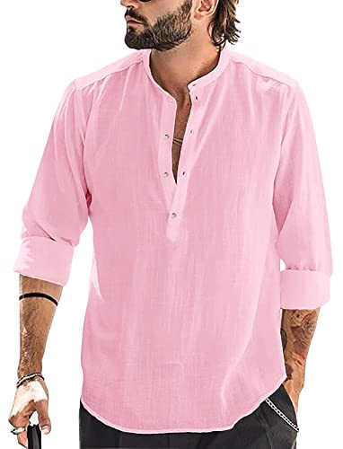 Runcati Camicia da uomo in cotone e lino, a maniche lunghe, con colletto alto, da spiaggia, elegante