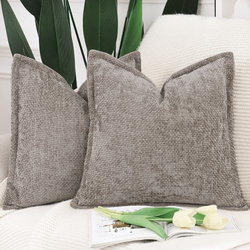 Madizz 2er Set Chenille Samt mit Rand Kissenbezüge Weiche Dekorativ Zierkissenbezüge Modern Kissenhülle für Sofa Wohnzimmer Schlafzimmer Taupe 60x60 cm