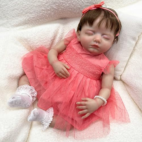 YIHANGG 19Zoll Reborn Baby Puppe Augen Schließen Neugeborenes 49cm Lebensecht Kuscheliges Baby Mädchen Kleinkind mit Rotem Kleid Prinzessin Kinder Geburtstag Weihnachten Geschenk