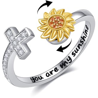 DAYLINLOVE Sonnenblumen Fidget Ringe für Angst 925 Sterling Silber Kreuz Spinner Ring offen verstellbar Sie sind mein Sonnenschein Ring