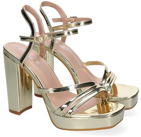 shoes&blues.es 89709 Sandalia de Tacon para Mujer, Diseno Moderno y Elegante, con Tiras Cruzadas en la Pala, Ideales para Eventos y Cierre de Hebilla. Oro Talla 38