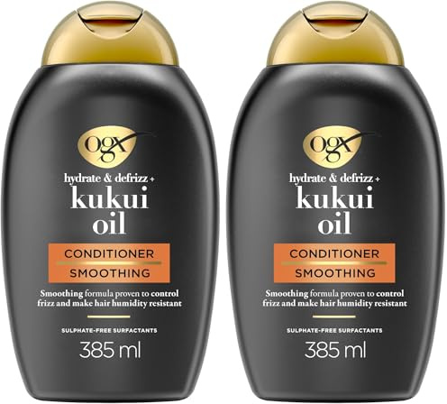 OGX Hydrate & Defrizz + Kukuí Oil Conditioner (385 ml), acondicionador con aceite de kukuí, sin sulfatos ni parabenos, acondicionador hidratante antihumedad y antiencrespamiento (Paquete de 2)