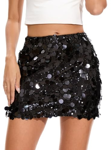 Gonna a paillette per donna, gonne glitterate sexy, minigonna con vita elastica e gonna a vita bassa glitterata per la notte, adatta per feste, carnevale e Capodanno, A-nero., S