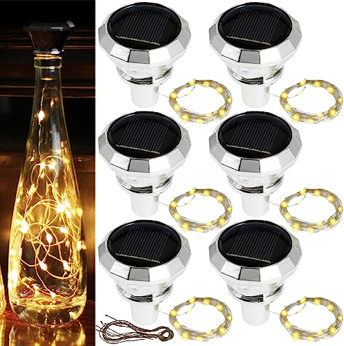 GWCYMYD Confezione da 6 luci solari per bottiglie di vino, IP65, impermeabili, con filo di rame da 2 m, 20 LED, lampada decorativa per feste e festival (luce calda)