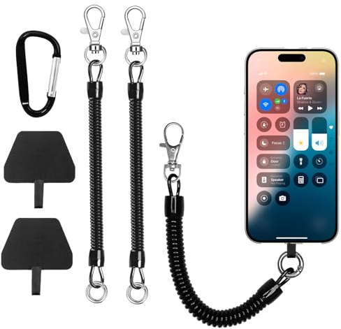 QINGZY 2 Pezzi Cordino per Cellulare Telefono con Toppa, Laccio Antifurto con Moschettone, Catena a Spirale Flessibile Rimovibile, Cinturino Universale per Smartphone